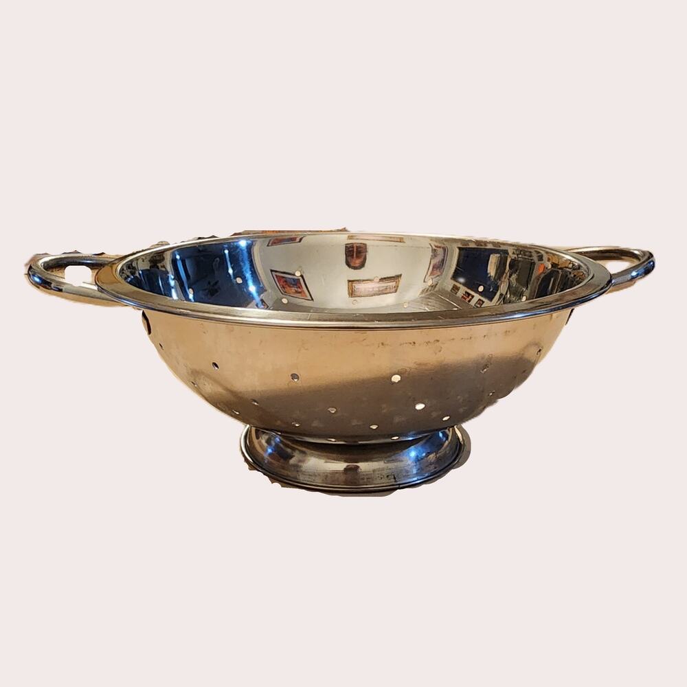 Vintage Polished Stainless Steel Pedestal Colander Strainer with Handles